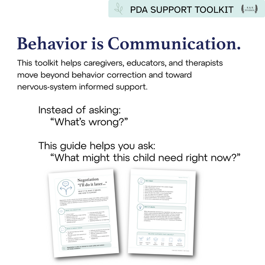PDA Support Toolkit with text on behavior and communication, featuring two pages of content.