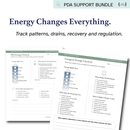 PDA Support Bundle with energy check-in forms on a white background