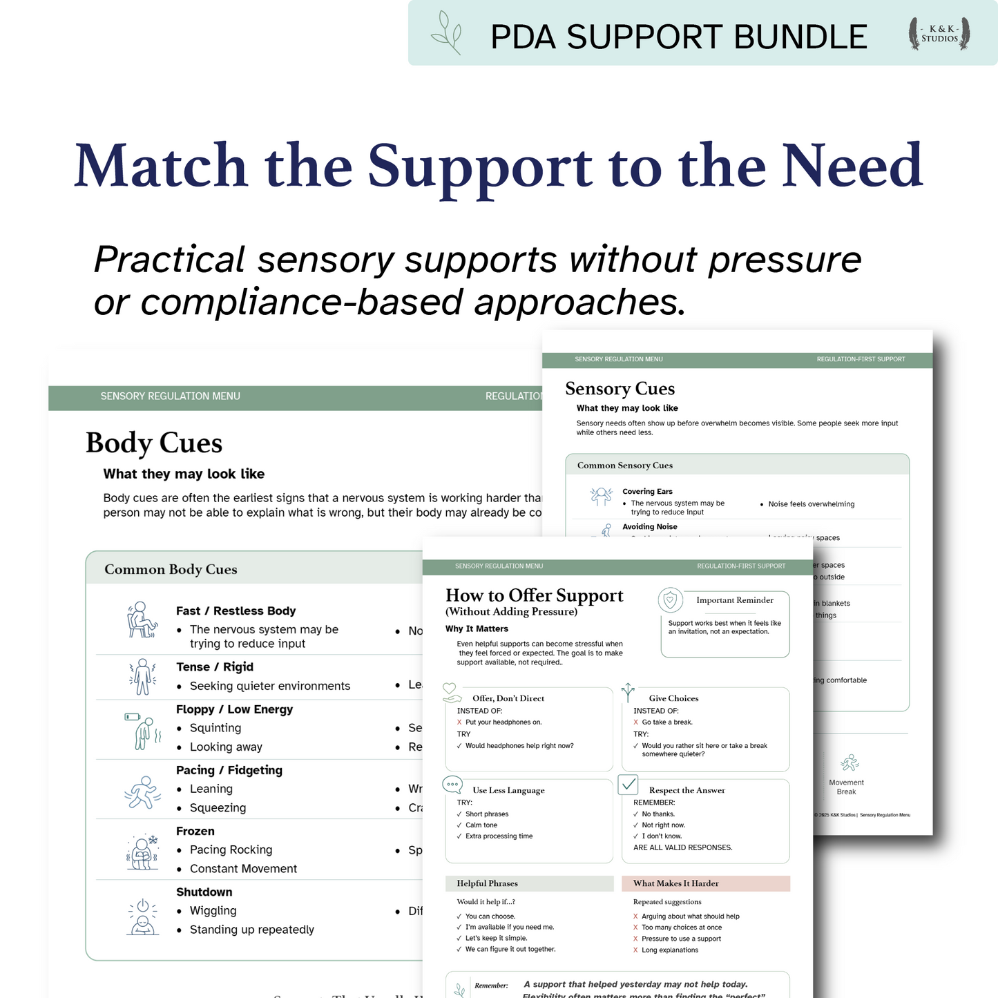 PDA Support Bundle with sensory support information on a white background