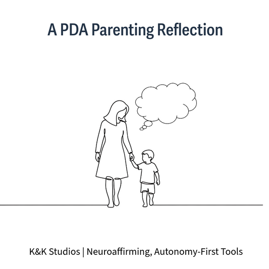 Line drawing of a parent and child walking together with . thought bubble between them