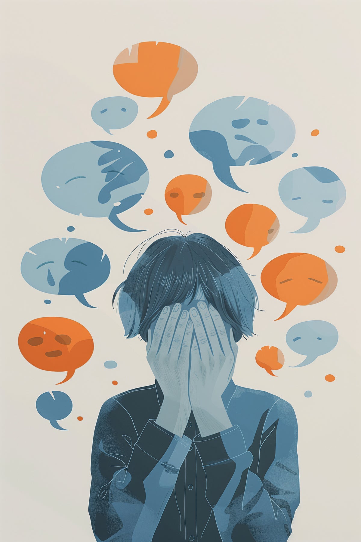 Illustration of a child covering their face, surrounded by blue and orange speech bubbles representing overwhelm.