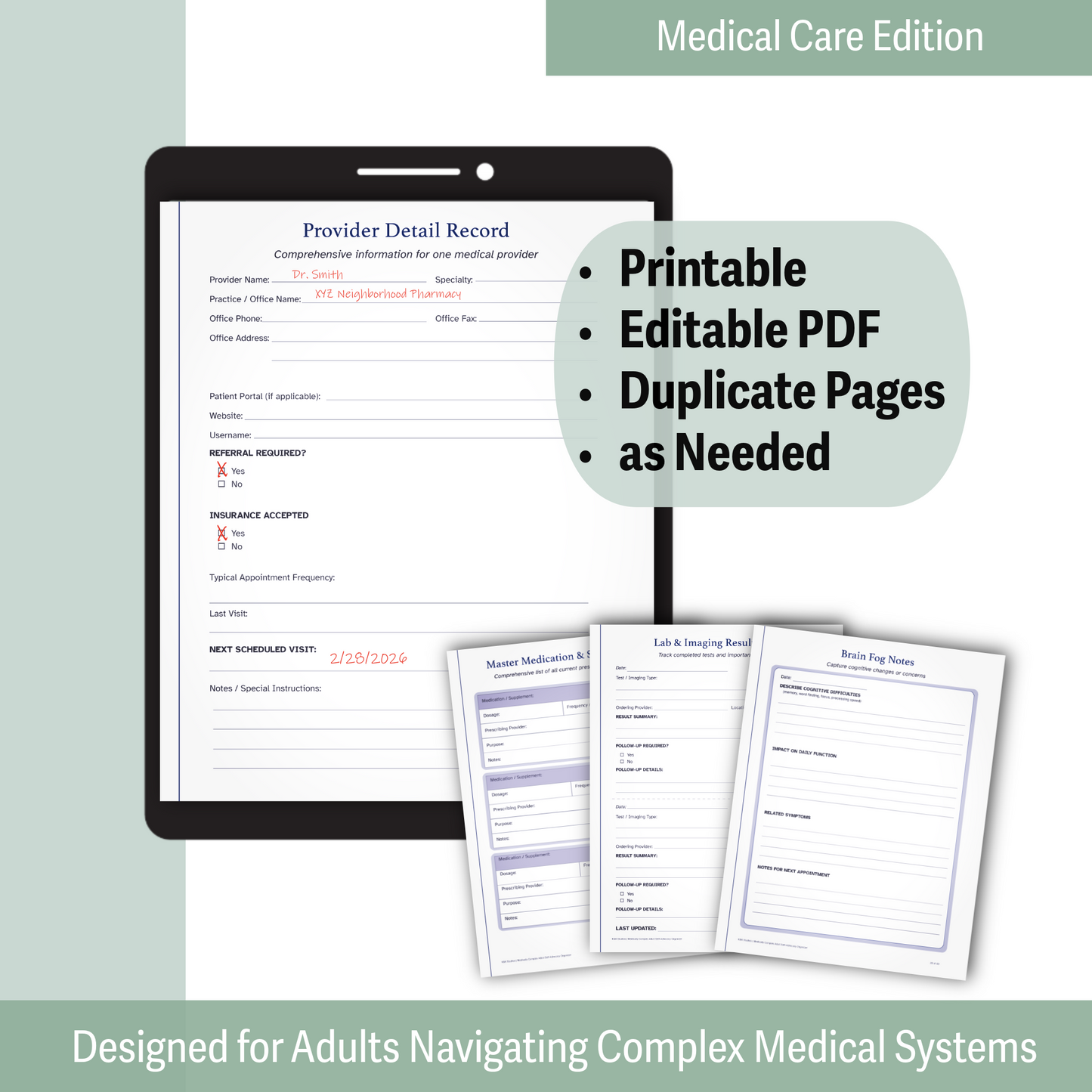 Medical care edition provider detail record on a tablet with duplicate pages, designed for adults navigating complex medical systems.