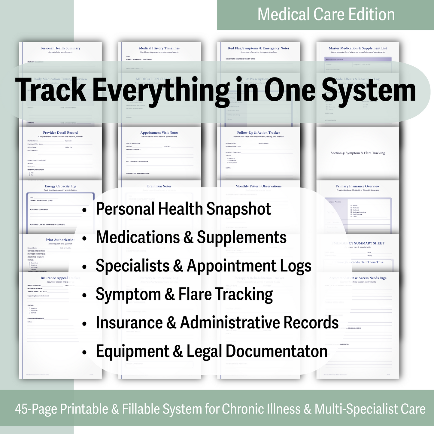 Medical care management system with various forms and logs for tracking health and appointments.