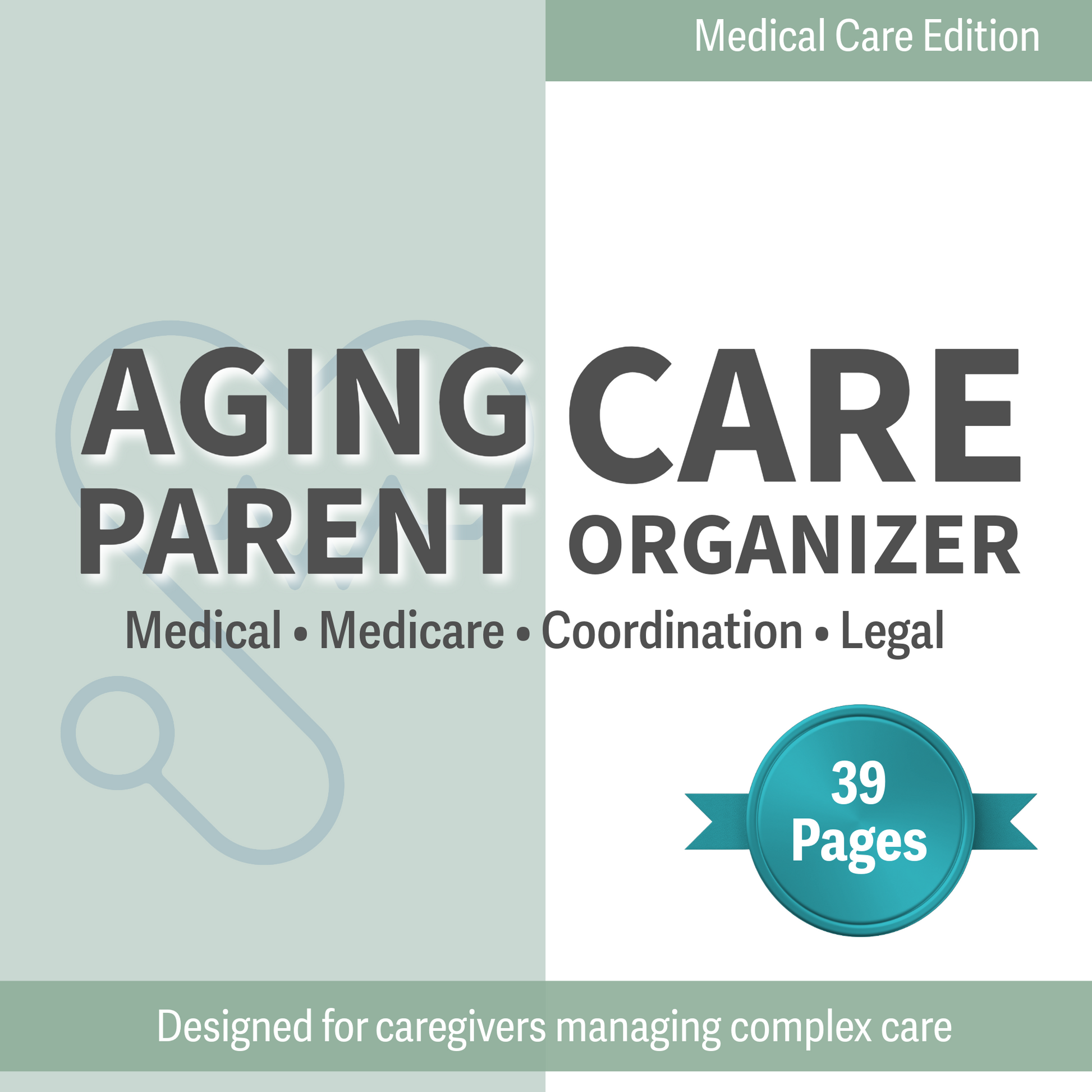 Aging Parent Care Organizer book cover with text and a medical symbol on a light gray background
