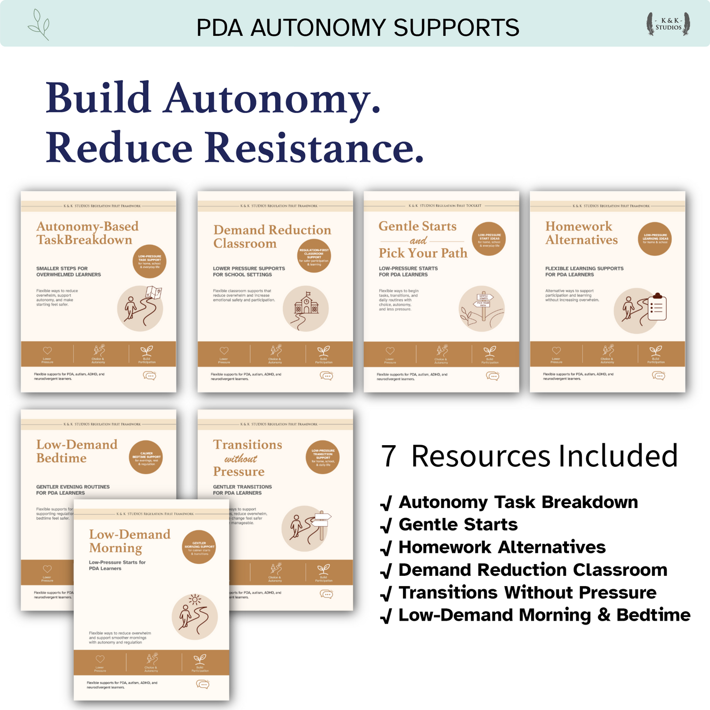 PDA Autonomy Supports with 7 resources listed on a light blue background