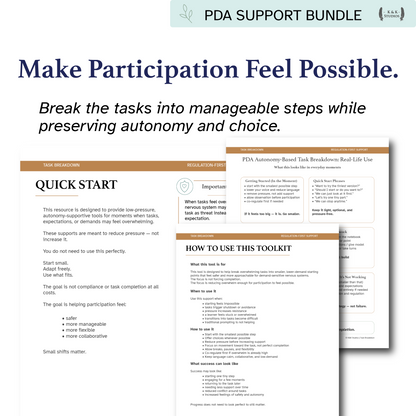 PDA Support Bundle with task breakdown and autonomy support tools on a white background