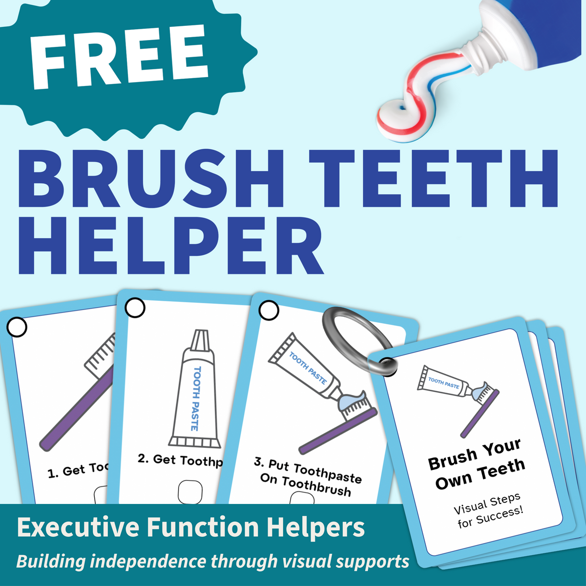 Free Toothbrushing Helper printable cards showing illustrated steps for brushing teeth.