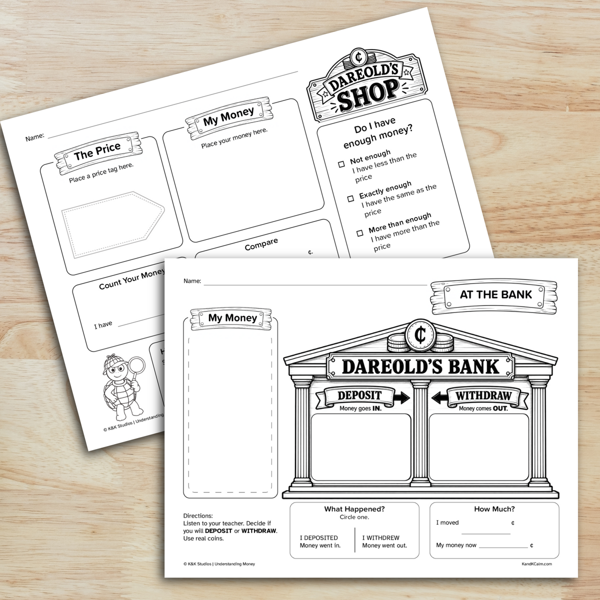 Two money intervention worksheets on a table featuring Darold's bank and Dareold' shop.