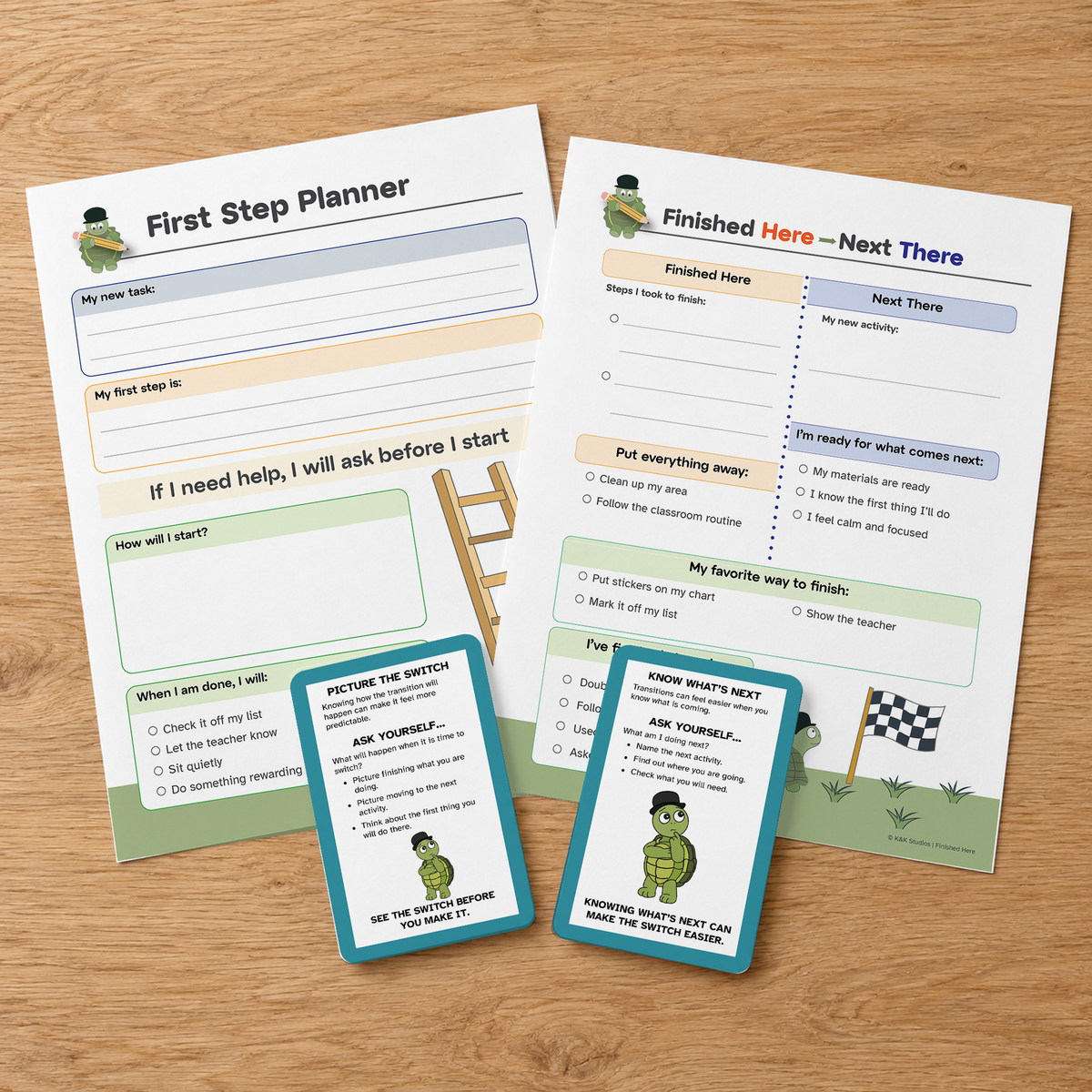 Transition Toolkit planning pages and strategy cards arranged on a wooden table.