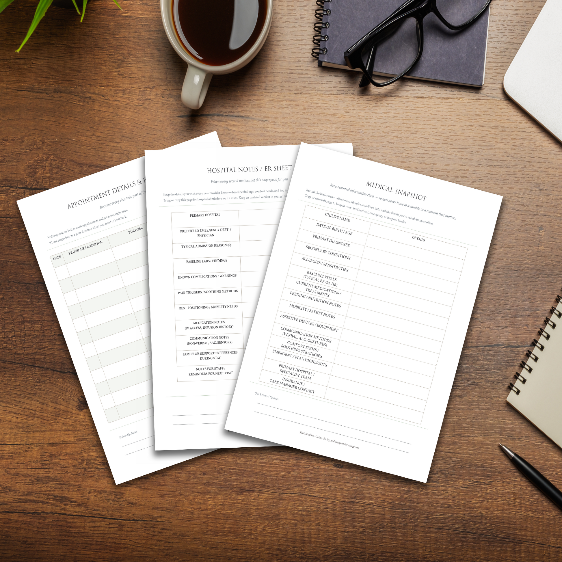 Medical snapshot page for caregiver binders