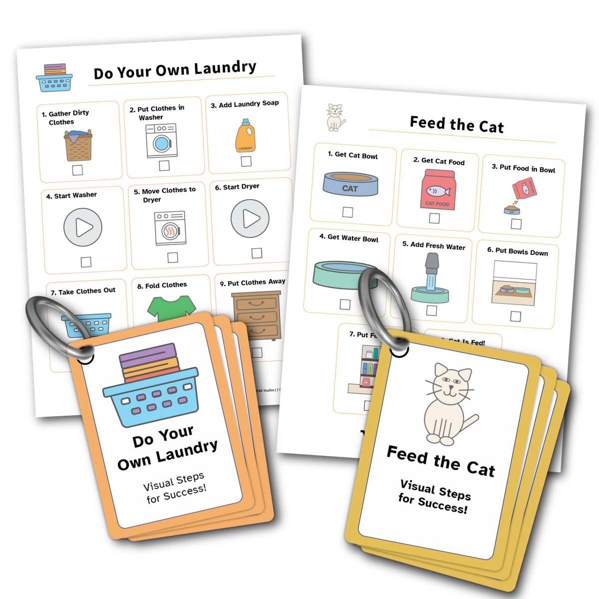Visual checklists and ring-bound card mockups for doing laundry and feeding a cat.