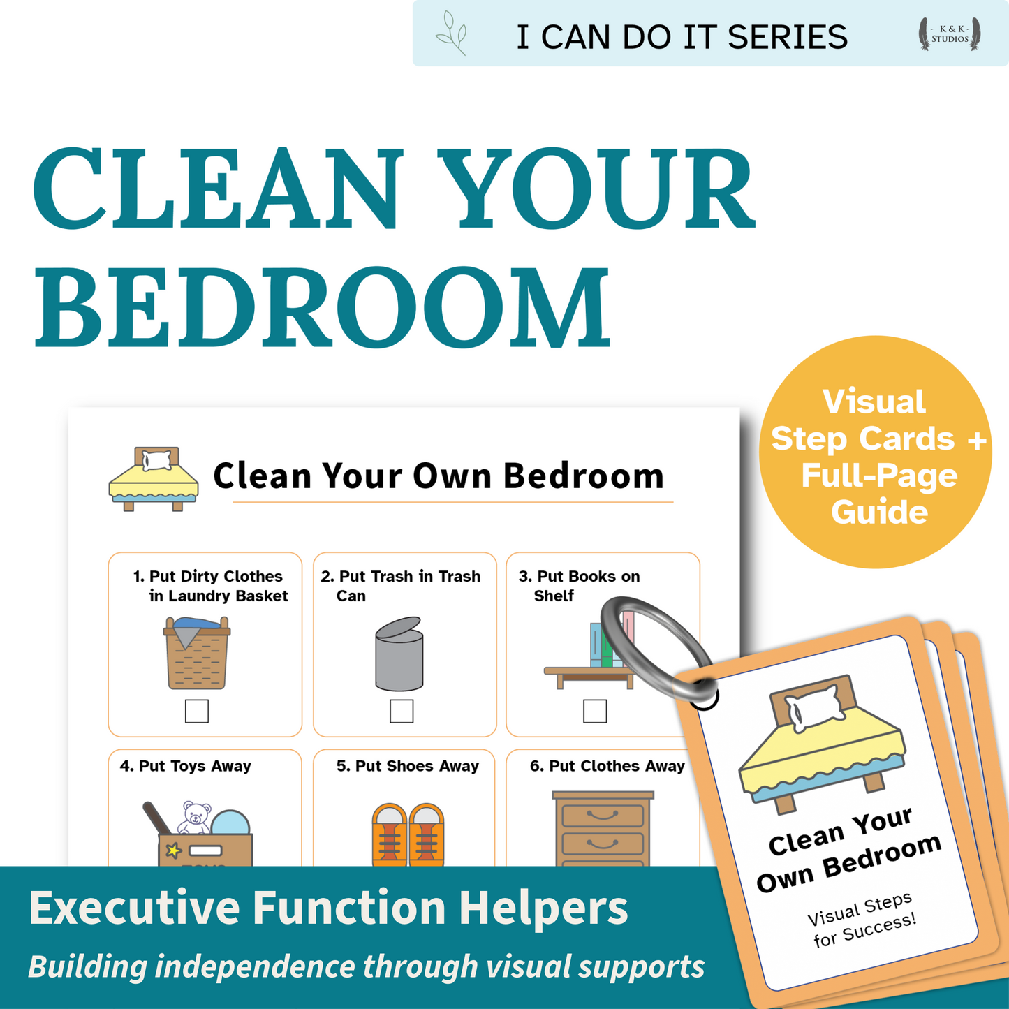Book cover of 'Clean Your Bedroom' with step-by-step illustrations and text about independence building.