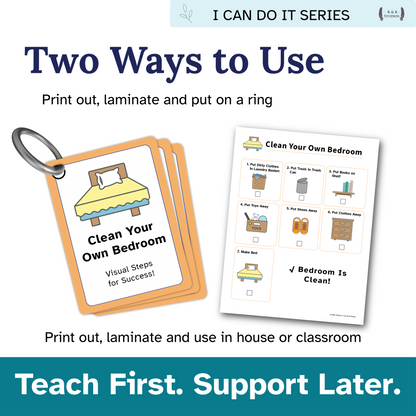 Educational product for teaching children how to clean their bedroom with printables and a ring.