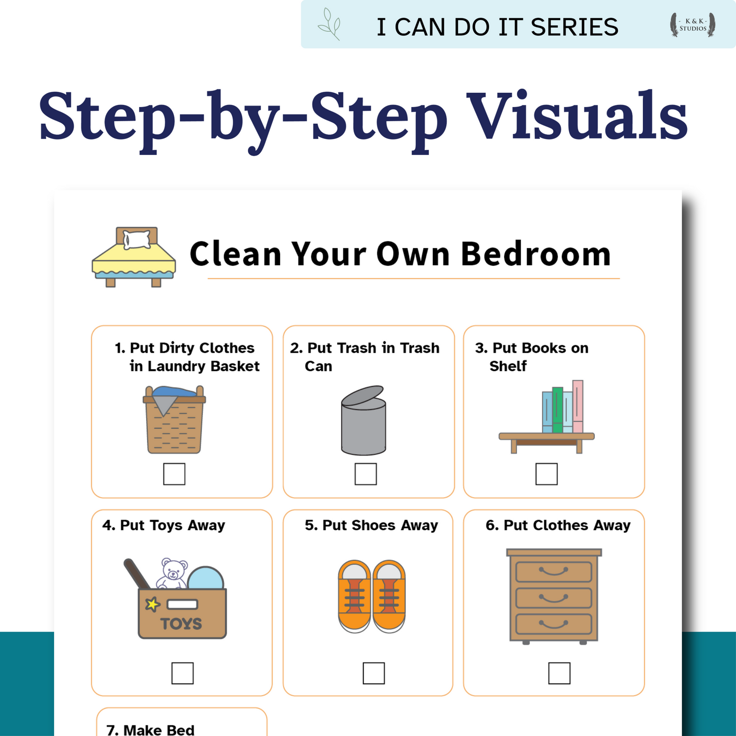 Step-by-step visual guide for cleaning a bedroom with icons and text.