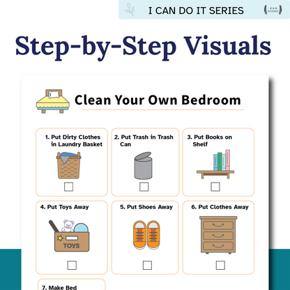 Step-by-step visual guide for cleaning a bedroom with icons and text.