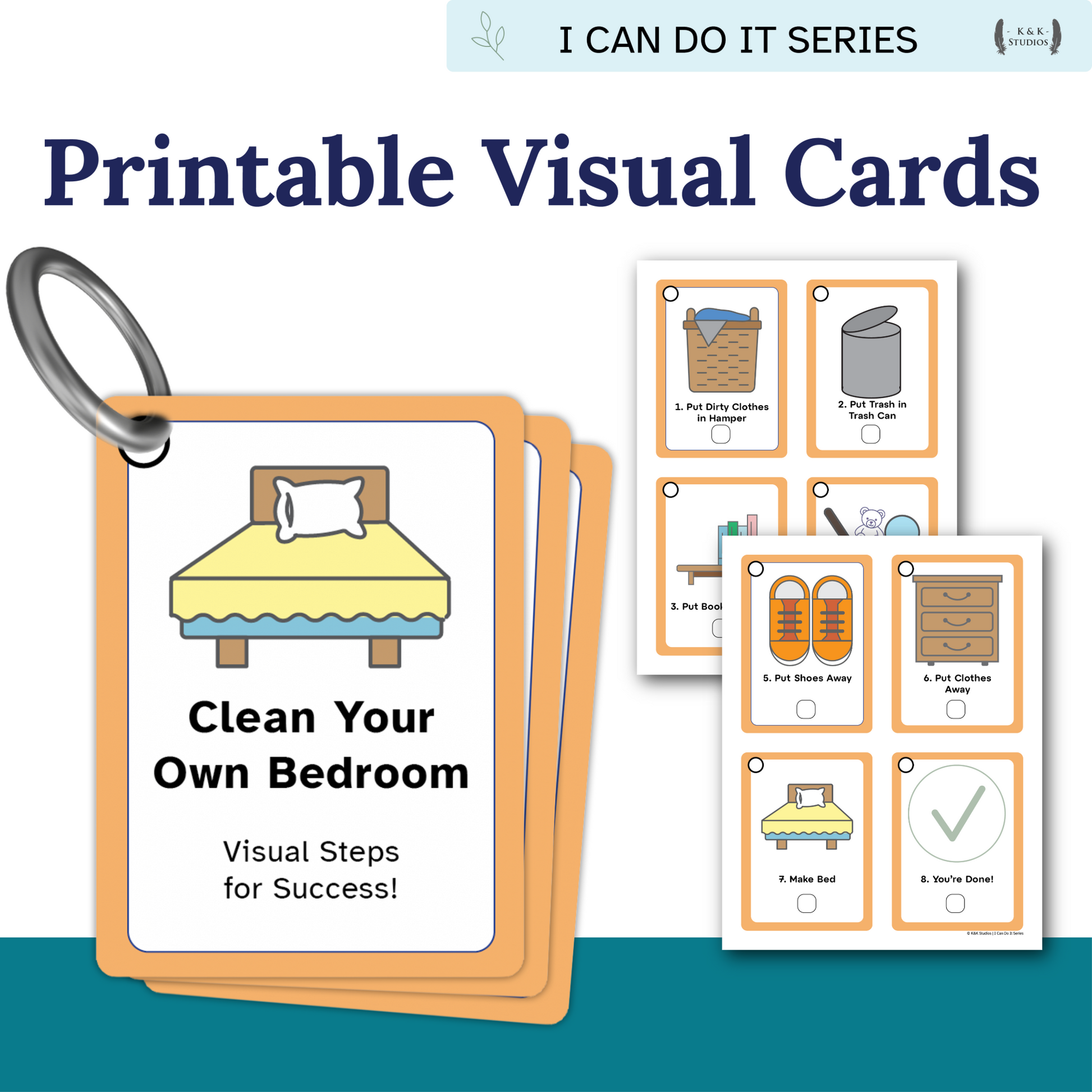 Set of printable visual cards for cleaning a bedroom with illustrations and text.