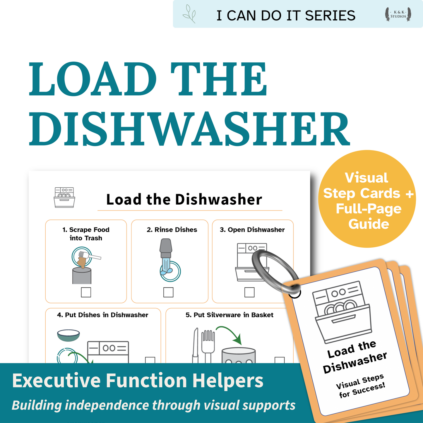 Book titled 'Load the Dishwasher' from the 'I Can Do It Series' with visual step cards and full-page guide.