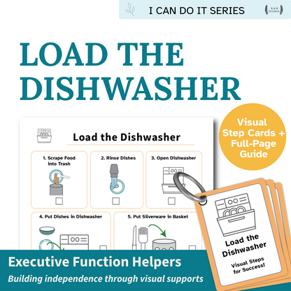 Book titled 'Load the Dishwasher' from the 'I Can Do It Series' with visual step cards and full-page guide.