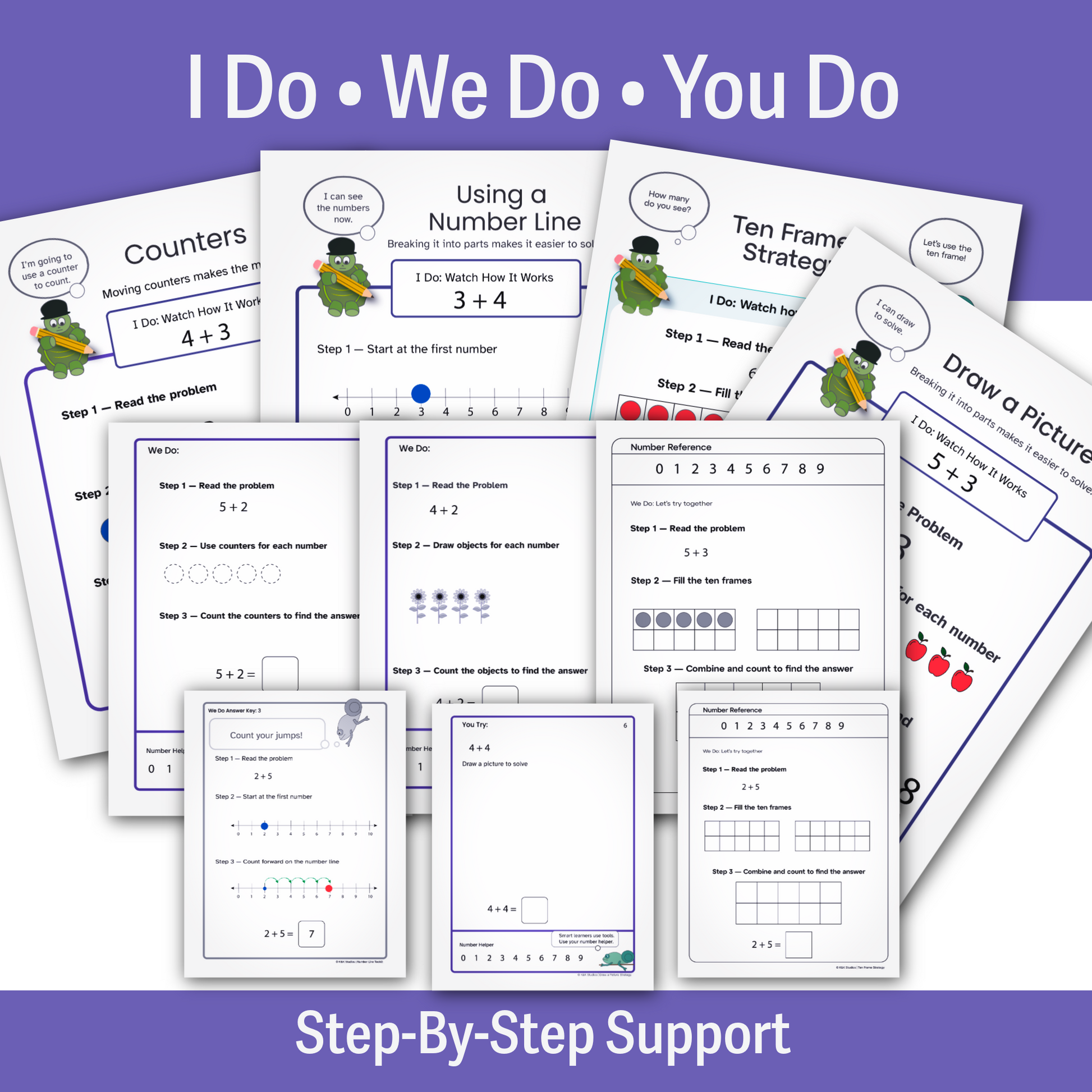 Collection of educational worksheets with step-by-step support on a purple background