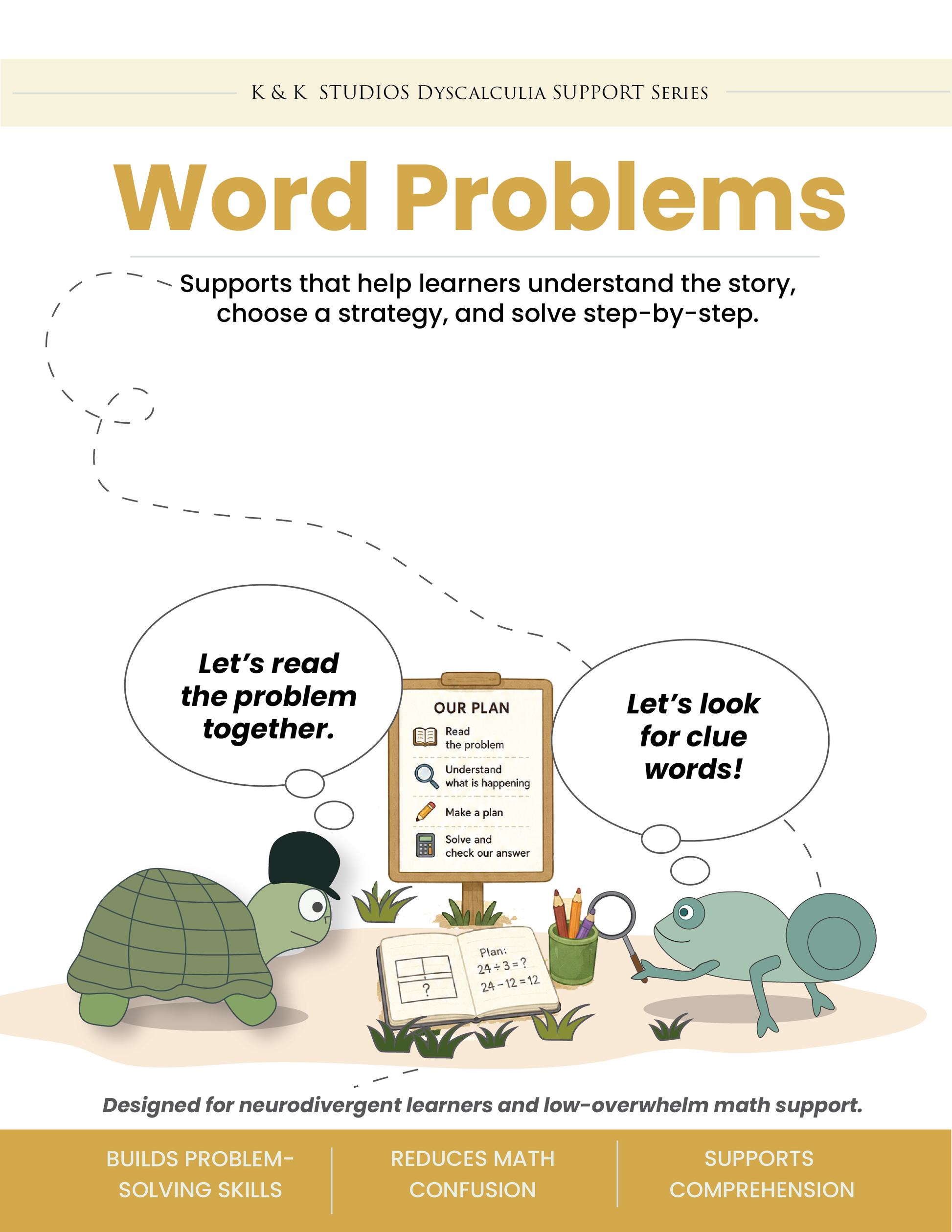 Book cover of 'Word Problems' from K&K Studios Dyscalculia Support Series with a turtle and frog solving a math problem.
