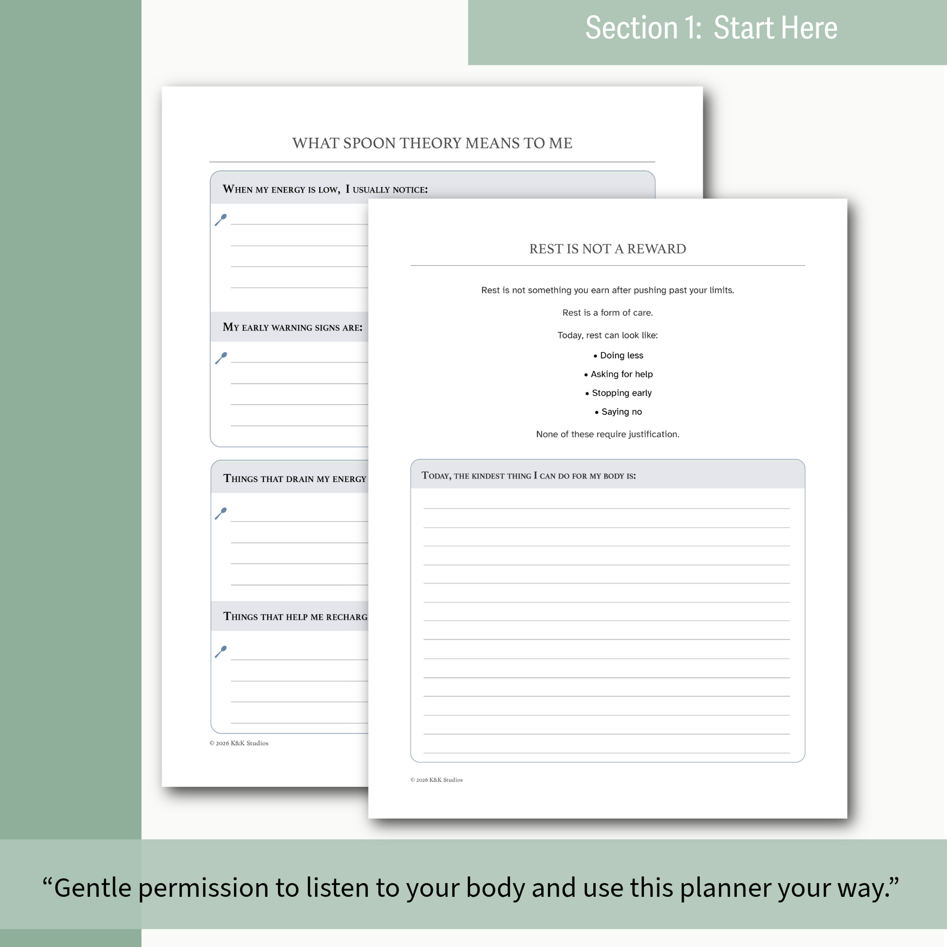 Two pages from a planner with text and checkboxes on a green background