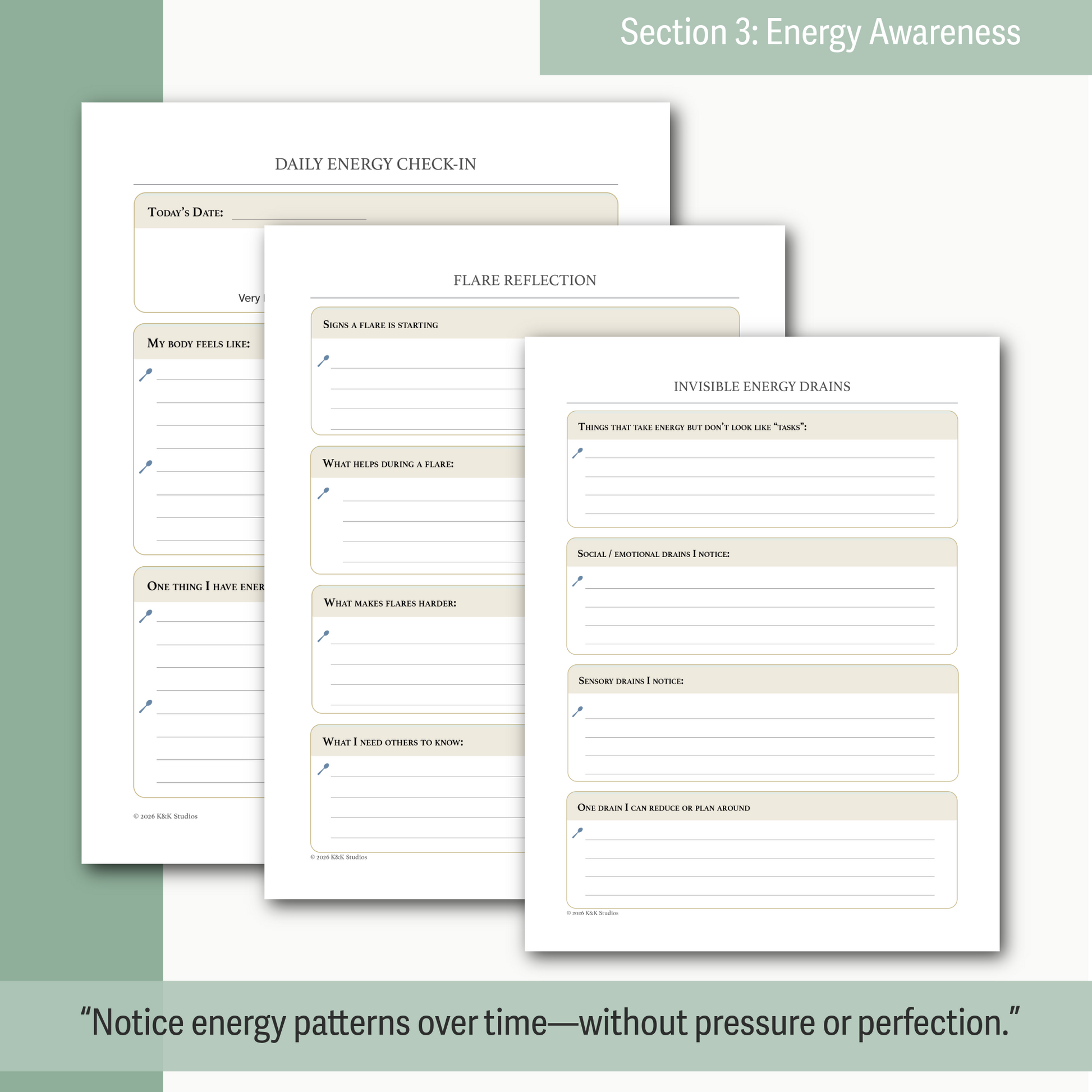 Pages from a planner or journal on energy awareness with text and checkboxes.