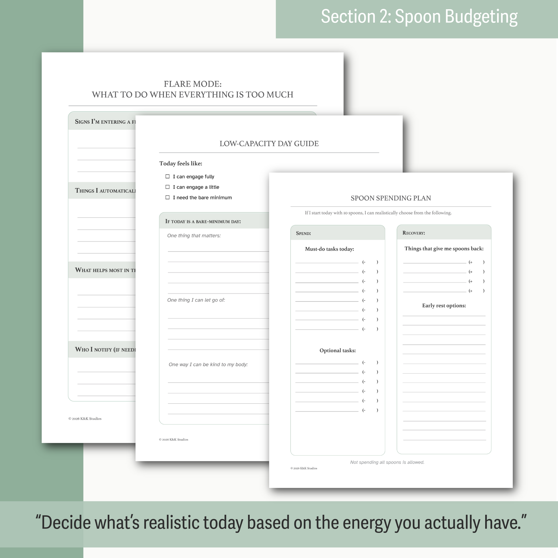 Three pages from a medical planner for energy tracking