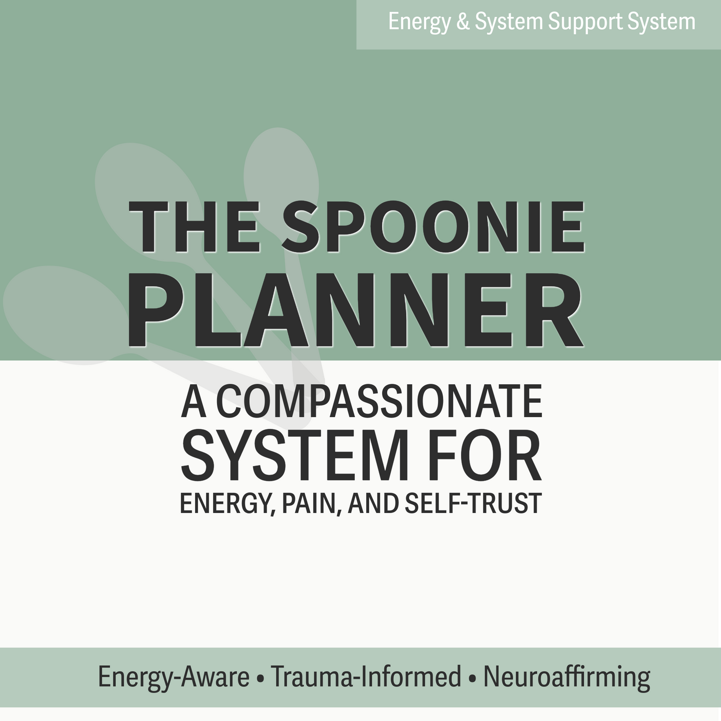 Book cover of 'The Spoonie Planner' with text about energy, pain, and self-trust on a green and white background.