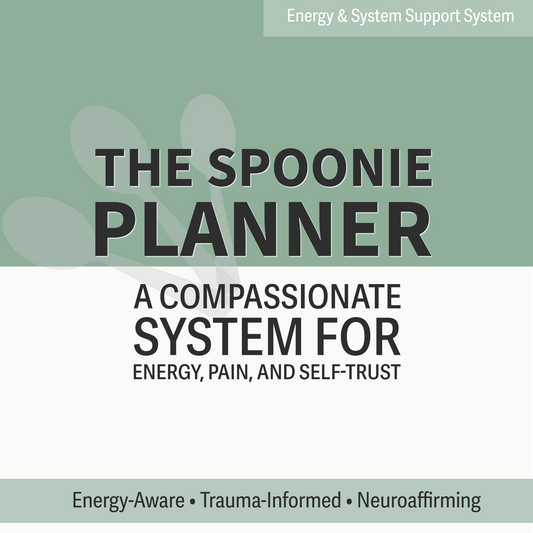 Book cover of 'The Spoonie Planner' with text about energy, pain, and self-trust on a green and white background.