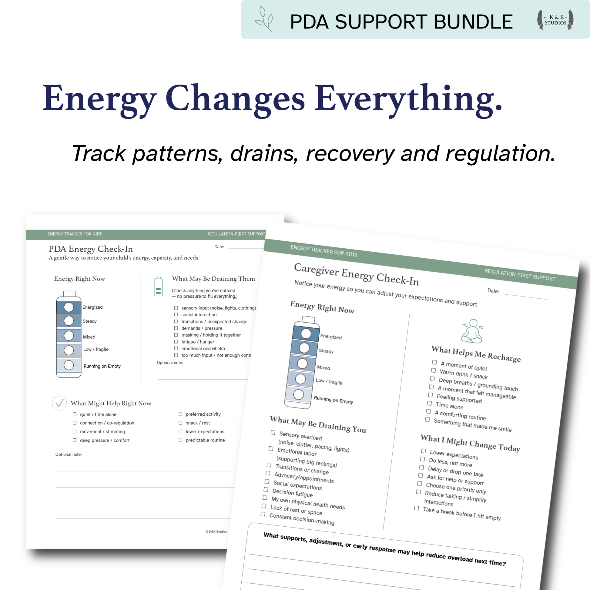 PDA Support Bundle with energy check-in forms on a white background