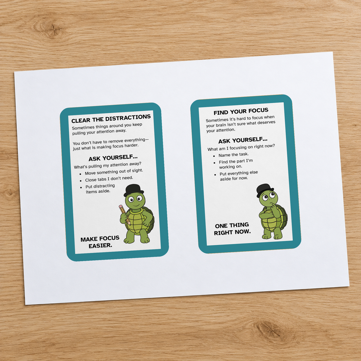Two printable Focus Strategy Cards arranged on a white sheet.