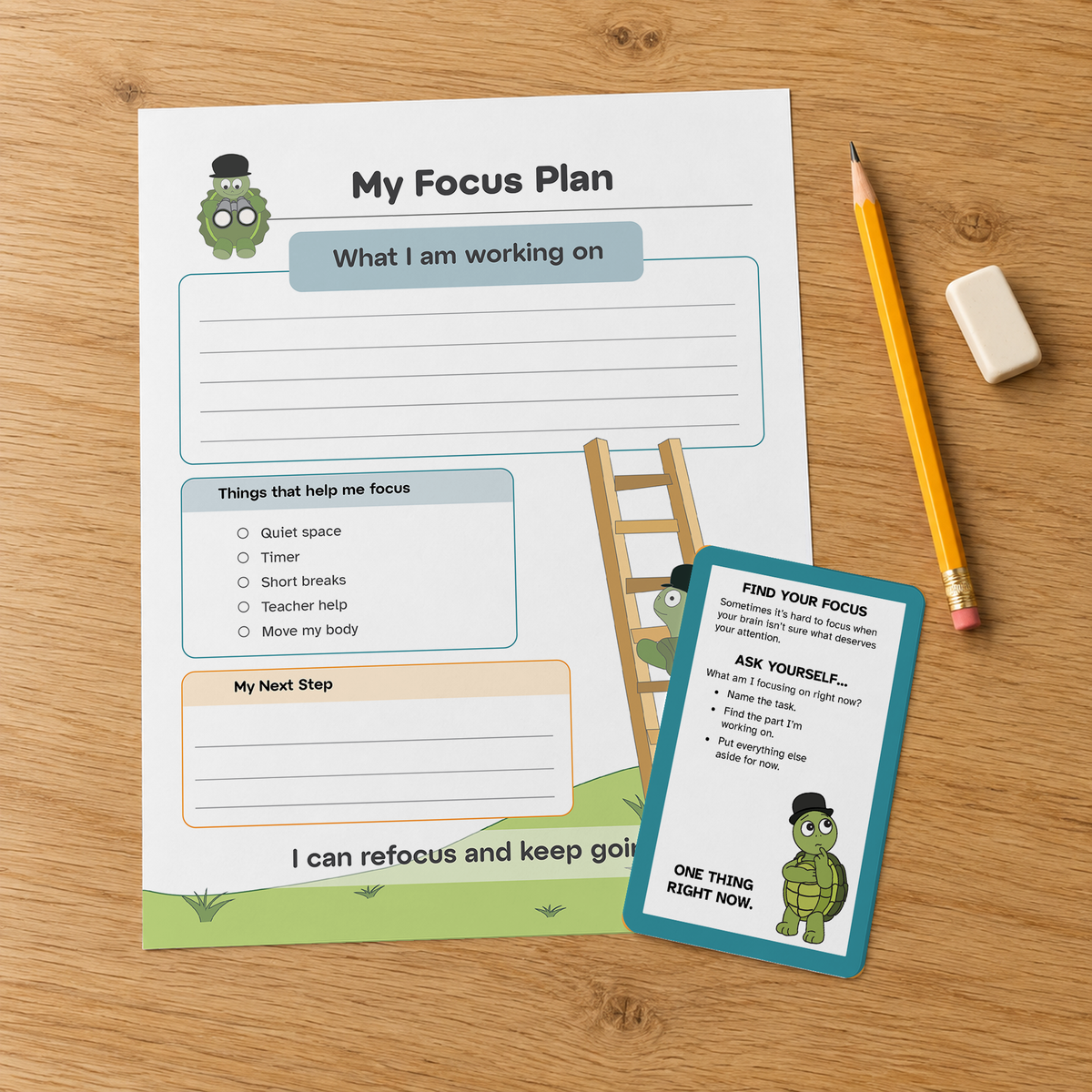 My Focus Plan worksheet and a Focus Strategy Card on a wooden table with a pencil and eraser.