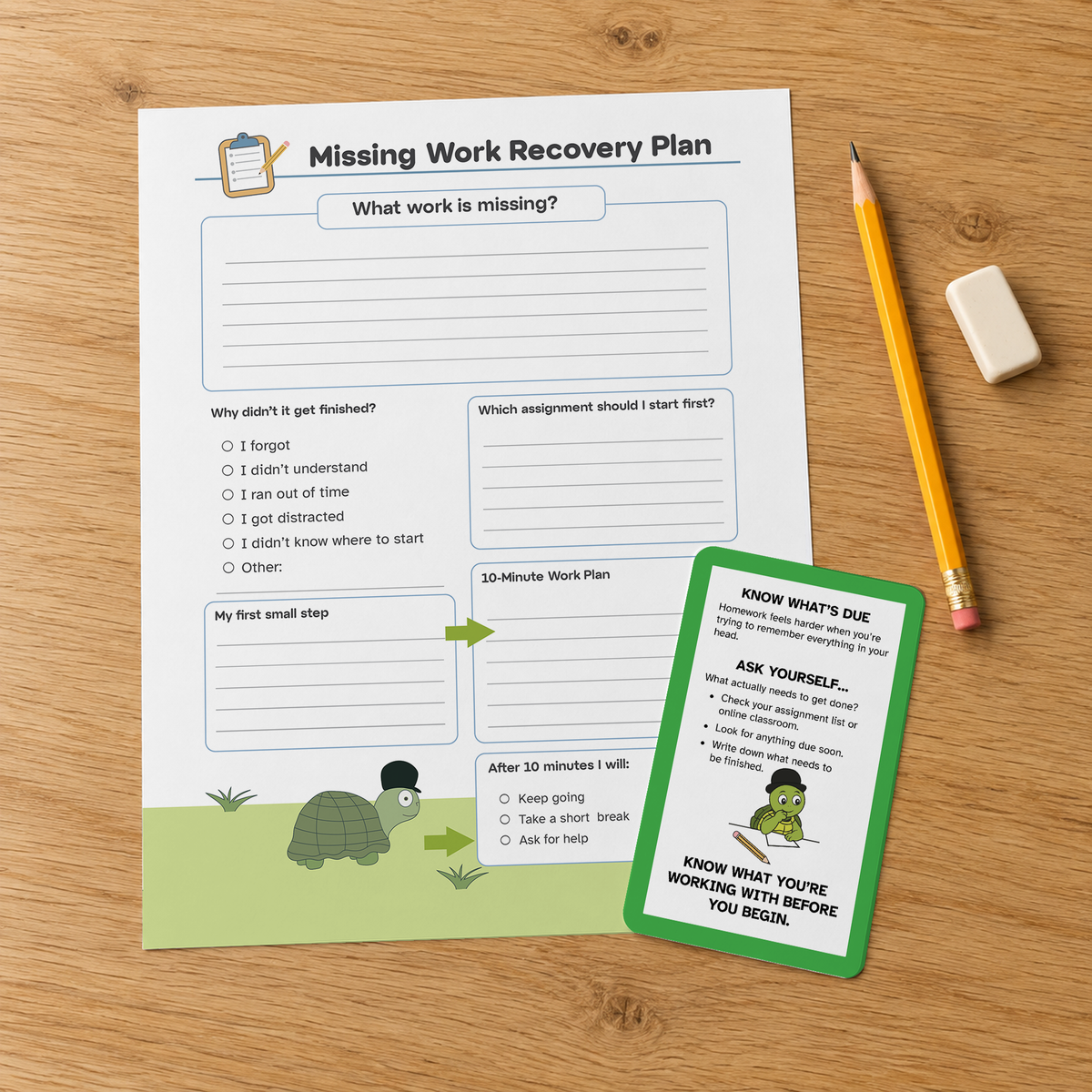 Homework Completion planning page and strategy card on a wooden table with a pencil and eraser.