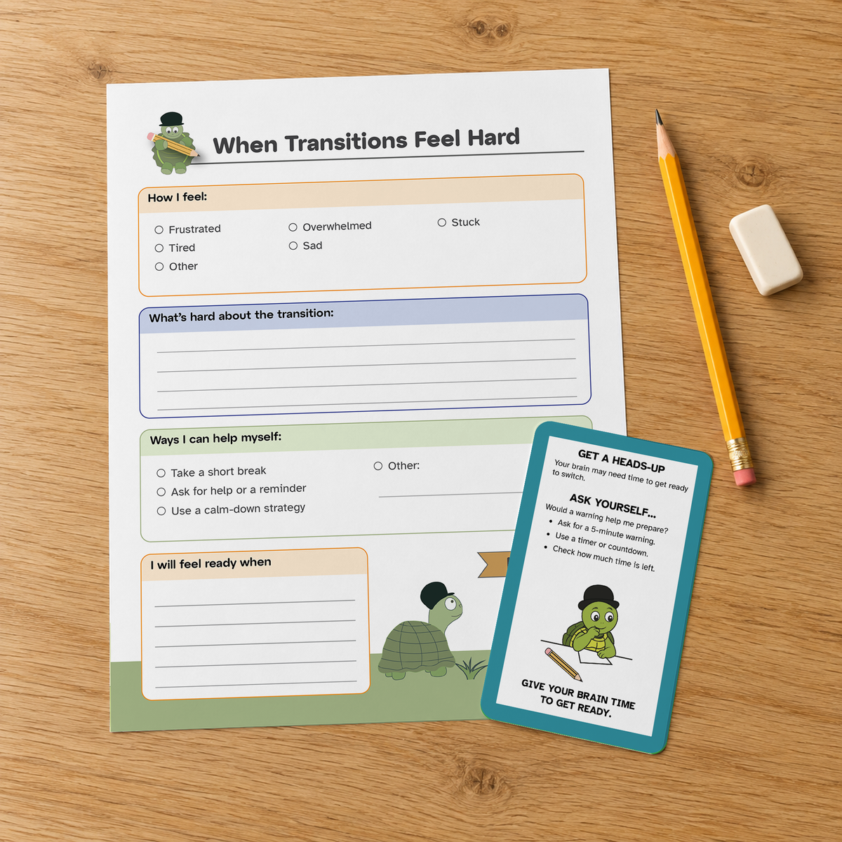 Transition planning page and strategy card on a wooden table with a pencil and eraser.