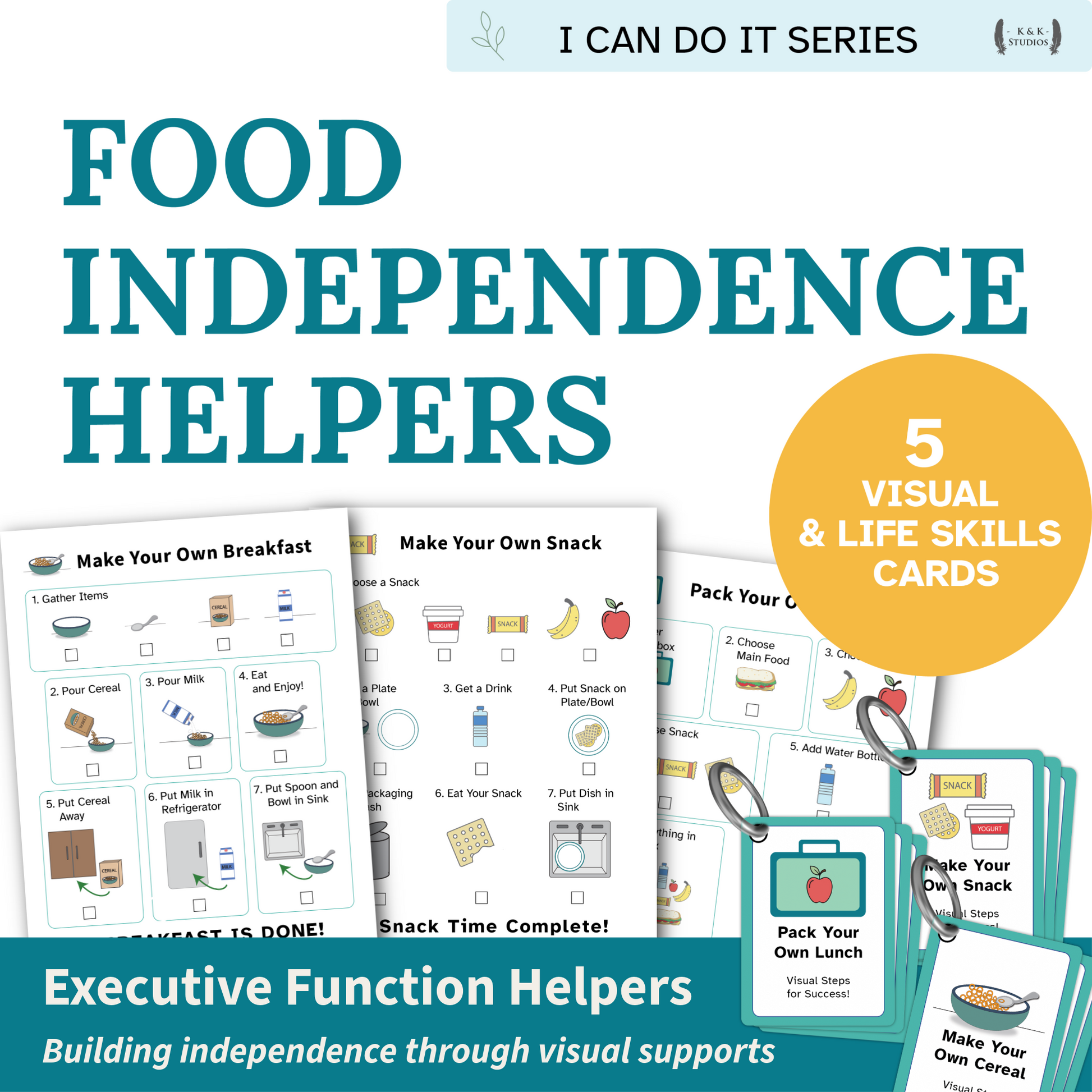 Book cover of 'Food Independence Helpers' with visual aids and text about executive function helpers.