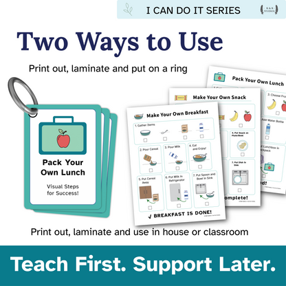 Educational product for teaching children how to pack a lunch with visual steps.