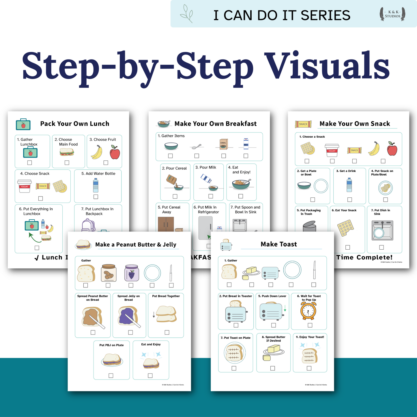 Set of step-by-step visual guides for everyday tasks on a blue background