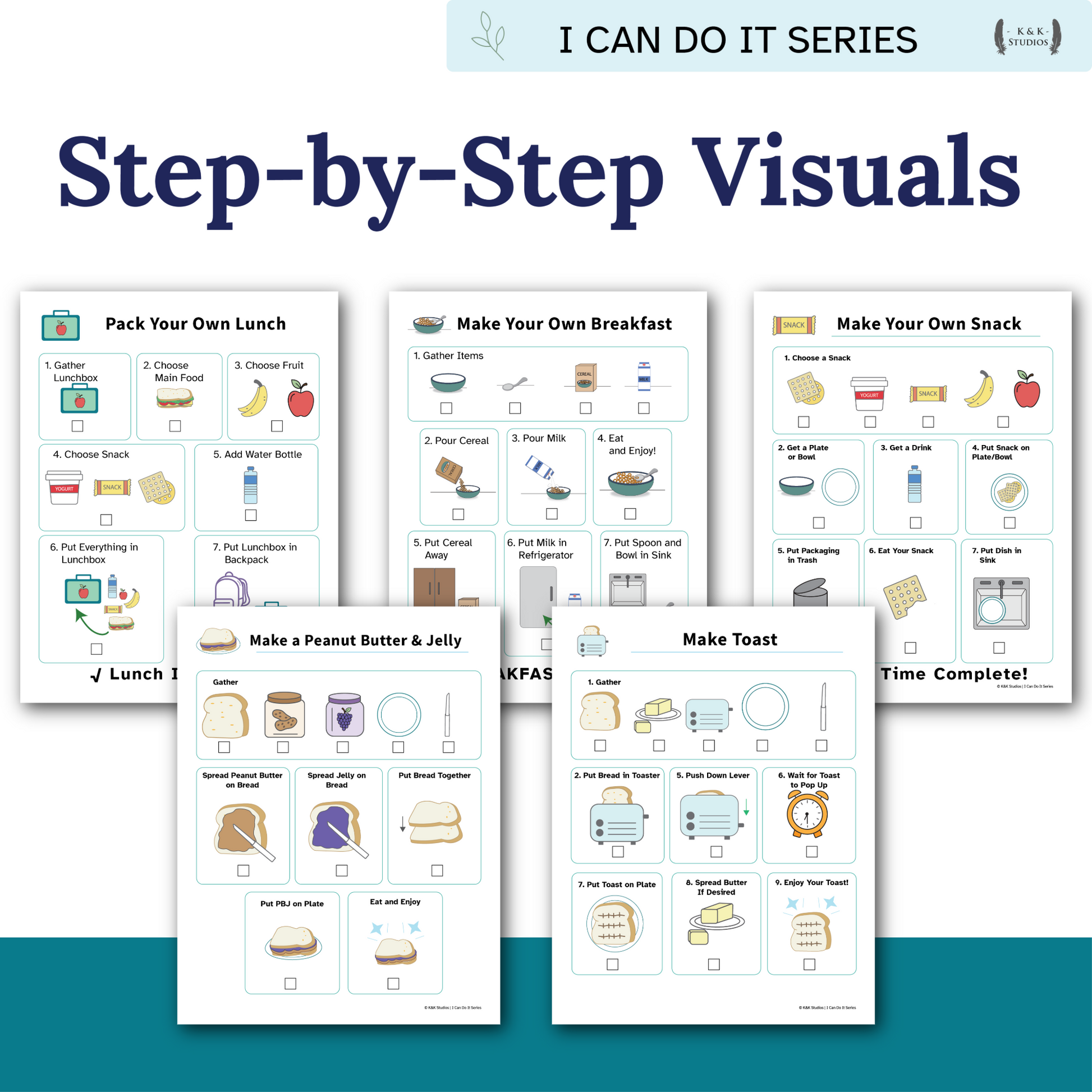 Set of step-by-step visual guides for everyday tasks on a blue background
