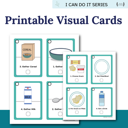 Set of printable visual cards with step-by-step instructions on a white background.