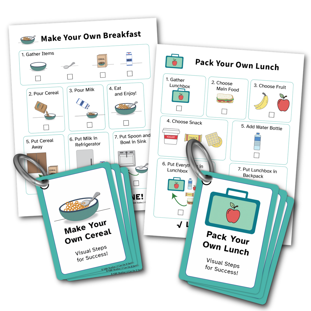 Visual checklists and ring-bound card mockups for packing lunch and making your own cereal.