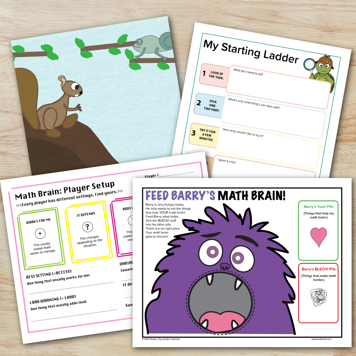 Four worksheets on a table. One with a squirrel and chameleon, one with a purple monster, a player setup page and one titled 'my starting ladder."