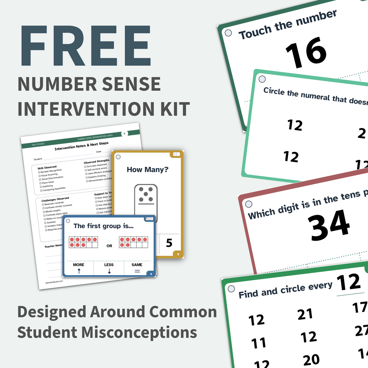 Promotional graphic for a free number sense intervention kit, showing sample educational cards and worksheets with math questions and instructional content on a light gray background.