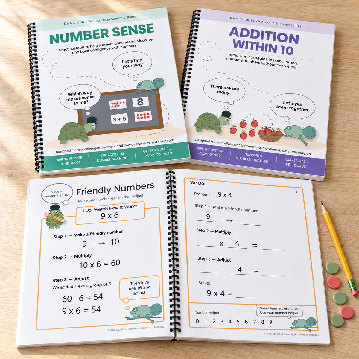 Number Sense, Addition Within 10 workbooks sitting on a table with a pencil and math counters.