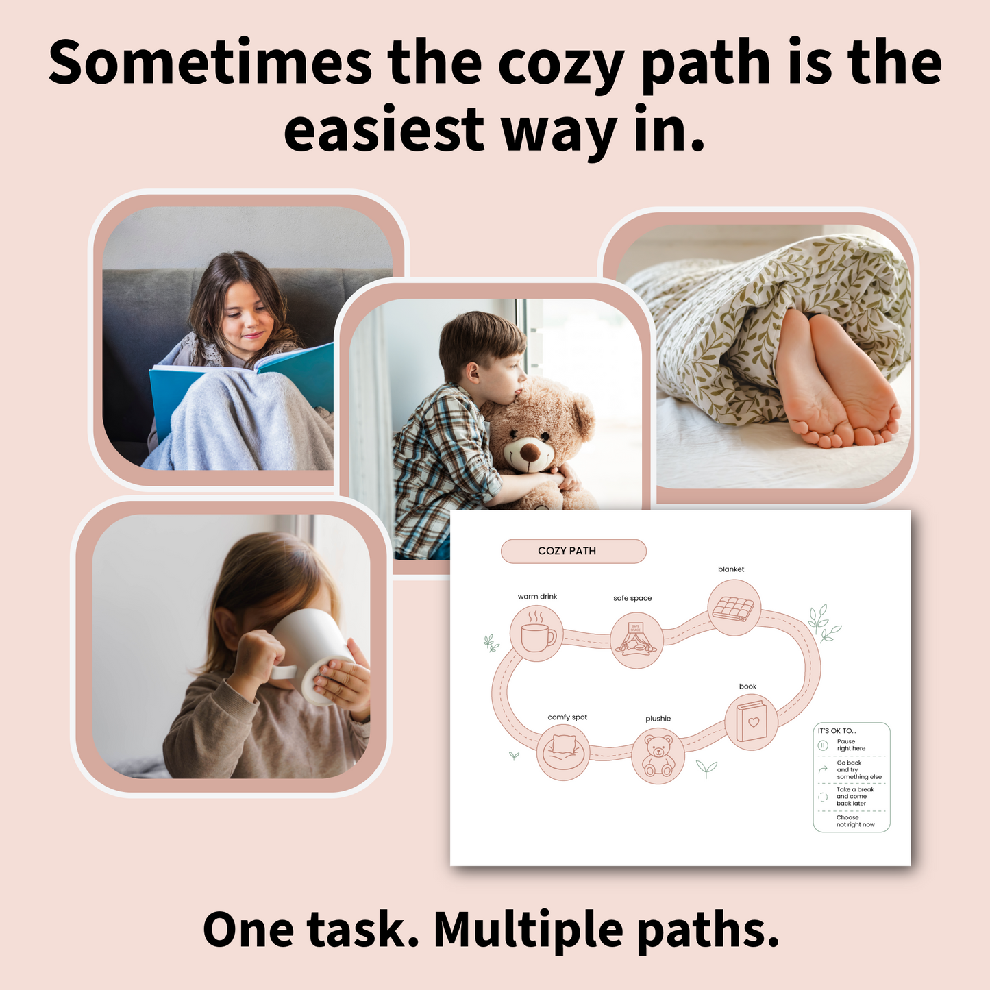 Collage of people in cozy activities with text and diagram on a pink background
