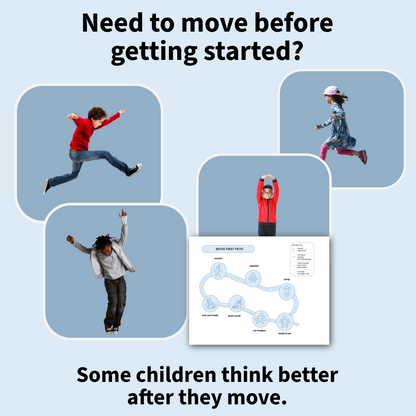 Children in various poses with text about movement before starting tasks
