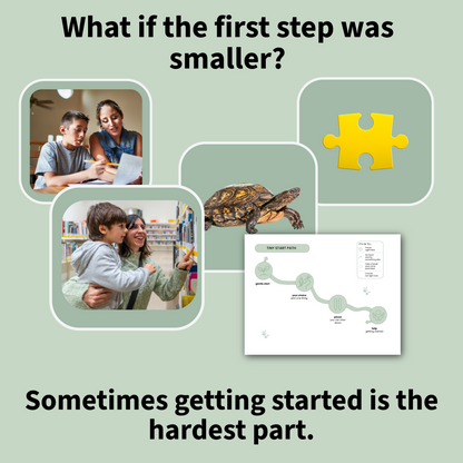 Motivational graphic with images of a family, a turtle, and a puzzle piece on a green background.