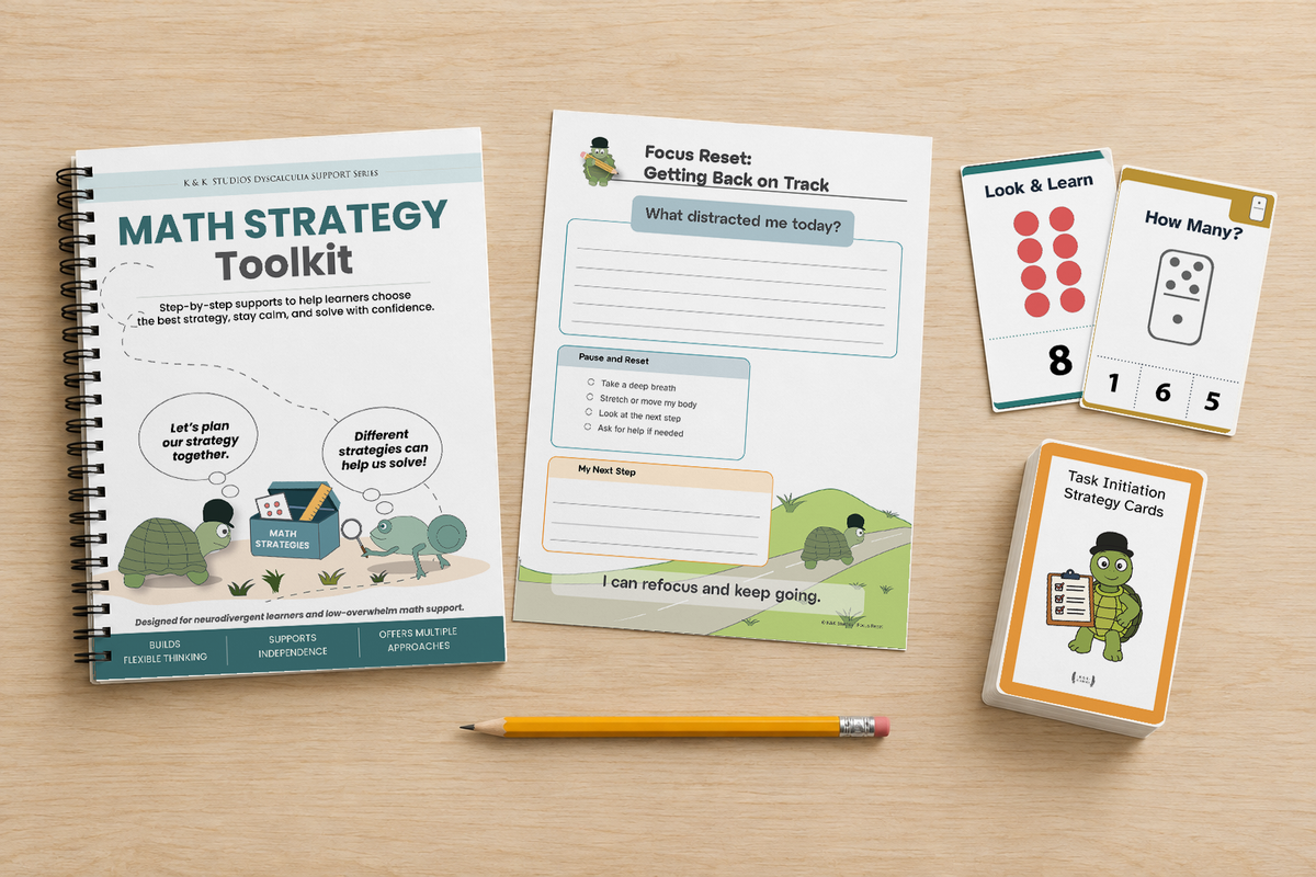 K&K Studios printable learning resources and activity cards arranged on a wooden table.
