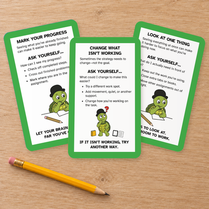 Three Homework Completion strategy cards fanned on a wooden table beside a pencil.