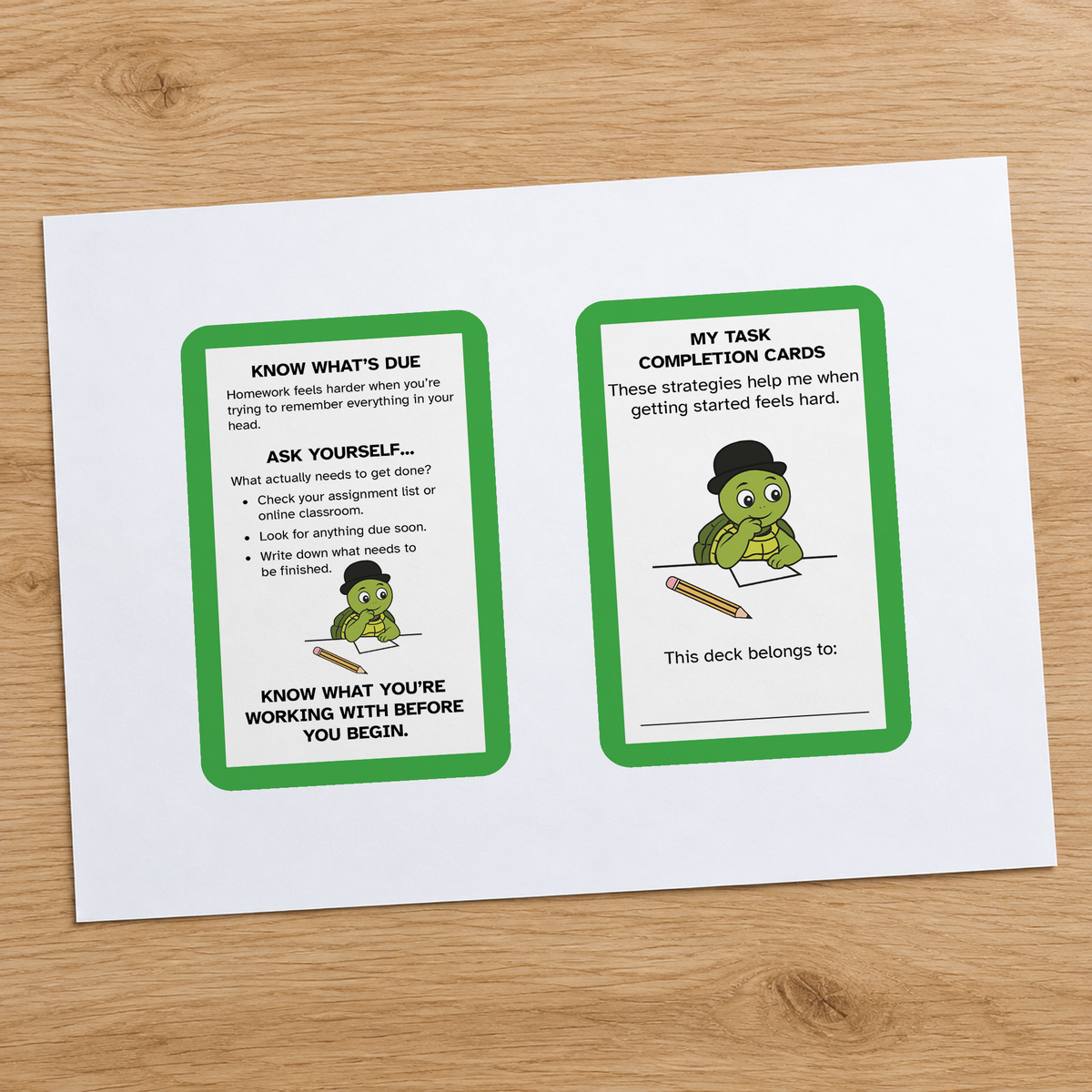Two printable Homework Completion strategy cards arranged on a white sheet.