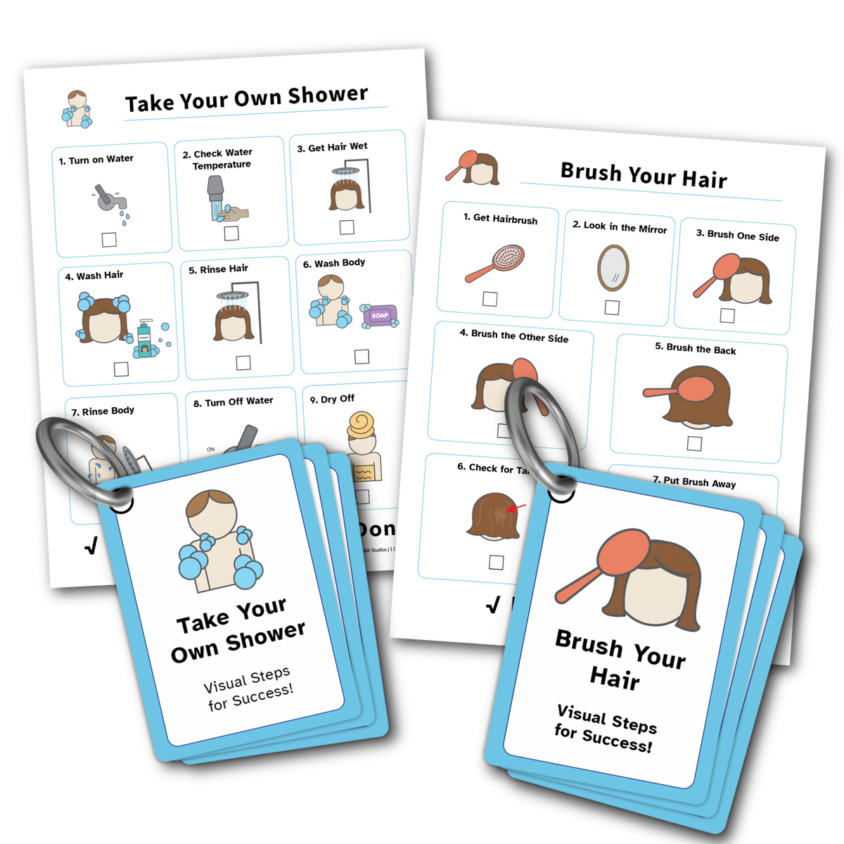 Visual checklists and ring-bound card mockups for showering and brushing hair.